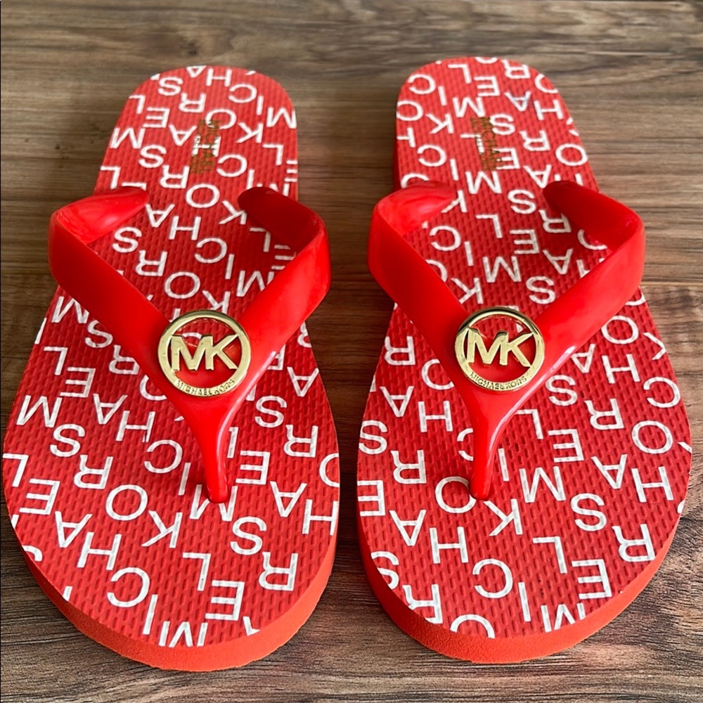 Pre-owned Michael Kors Red MK Logo Flip Flops Size 9M